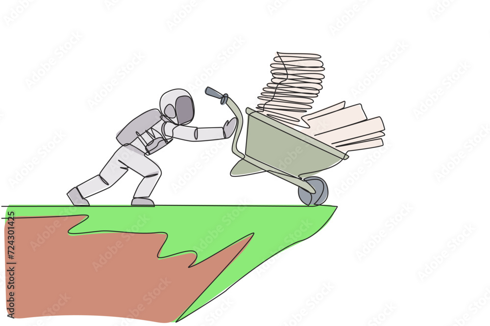 Poster single continuous line drawing astronauts push wheelbarrow filled with stacks of paper and binders o