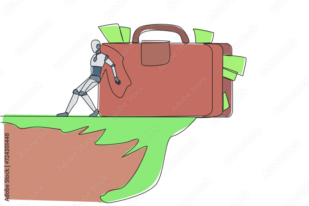 Poster single continuous line drawing robot pushes giant briefcase down with its back from the edge of clif