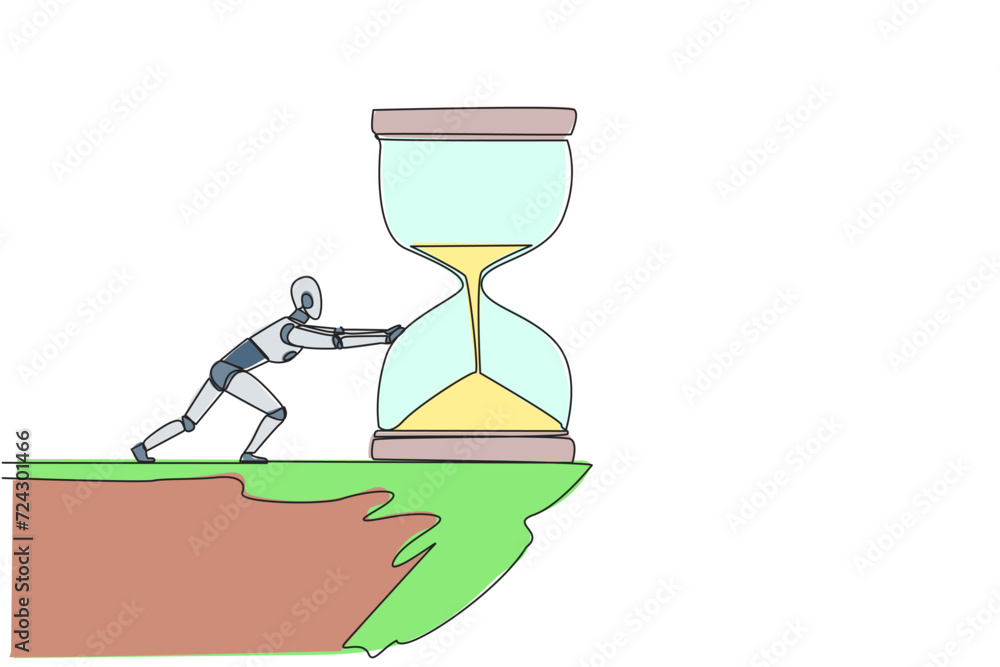 Poster single one line drawing robot pushes down a giant hourglass from the edge of cliff. eliminate obstac