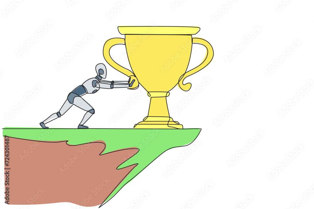 Poster single one line drawing robot pushes the giant trophy from the edge of the cliff. wasting the chance