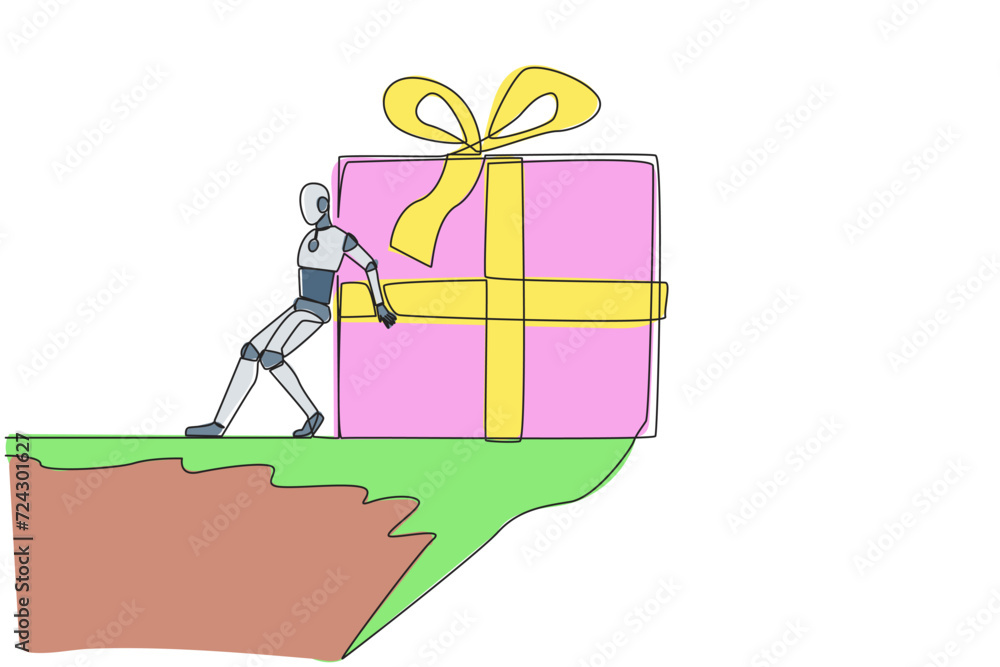 Poster single continuous line drawing robot pushes the large gift box down with its back from the edge of c
