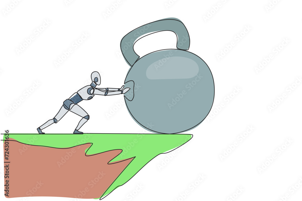 Poster single one line drawing robot pushes the large kettlebell down from the edge of the cliff. exercise 