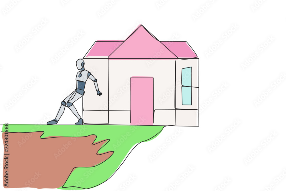 Poster continuous one line drawing robot pushes miniature house down with its back from the edge of the cli