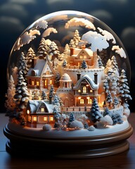 Snow globe with christmas village in the snow. 3d illustration