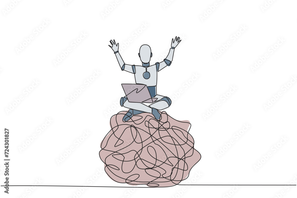 Poster single one line drawing robotic artificial intelligence sitting on giant tangled circle holding lapt