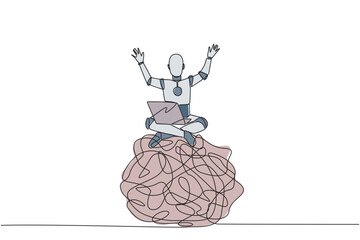 Single one line drawing robotic artificial intelligence sitting on giant tangled circle holding laptop raise both hands. Anti-anxiety robot. Future tech. Continuous line design graphic illustration