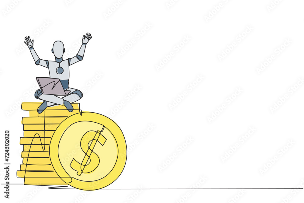 Poster single continuous line drawing robotic artificial intelligence sitting on stack of giant coins sign 