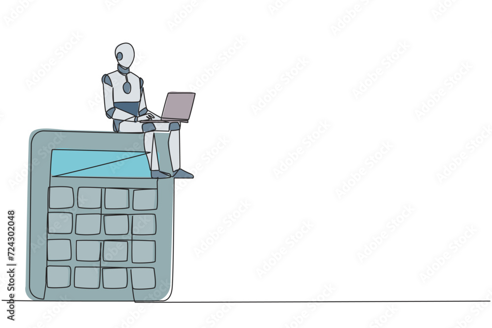Poster continuous one line drawing of robotic artificial intelligence sitting on giant calculator typing on