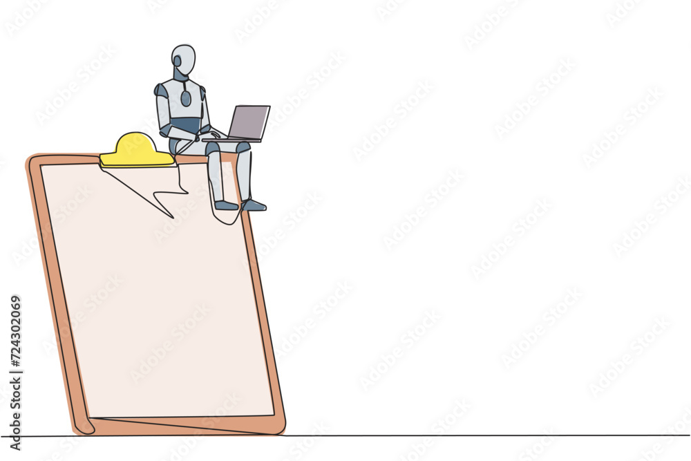 Poster single continuous line drawing robotic artificial intelligence sitting on giant clipboard typing lap