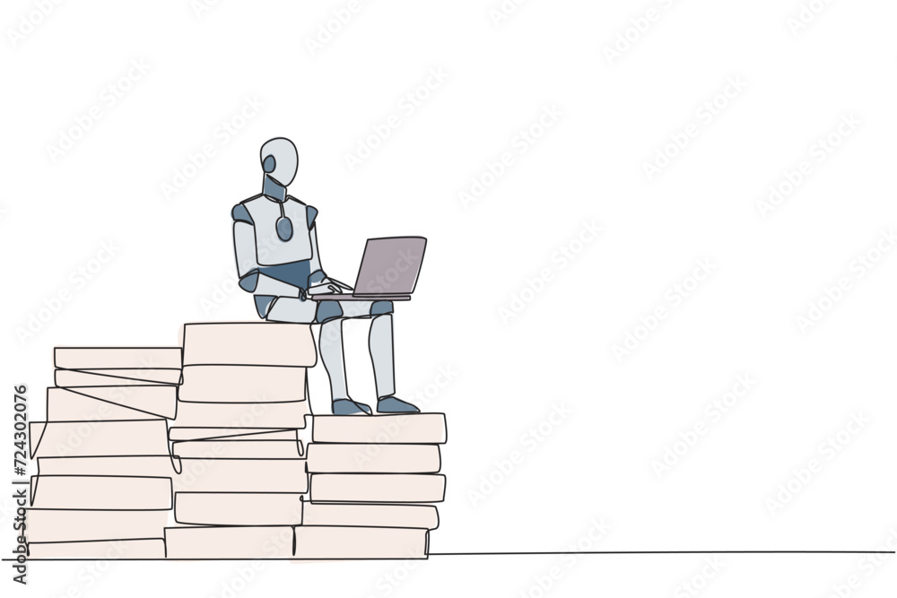 Poster single one line drawing robotic artificial intelligence sitting on pile of giant documents typing la