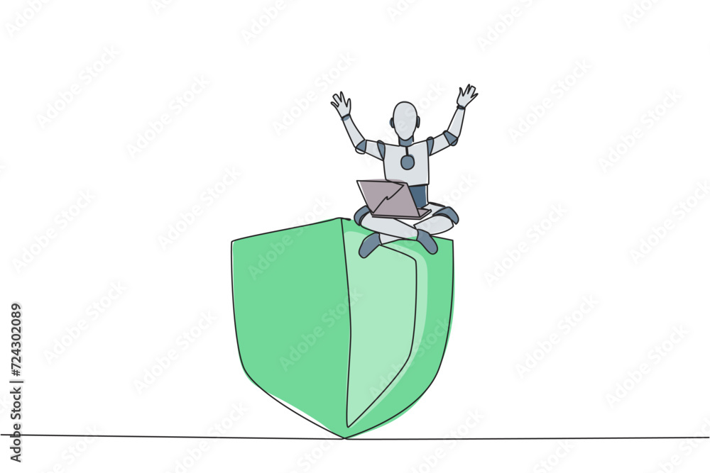 Poster continuous one line drawing robotic artificial intelligence sitting on giant shield holding laptop r