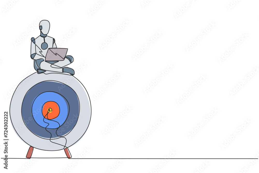 Poster single continuous line drawing robotic artificial intelligence sitting on giant arrow board target t