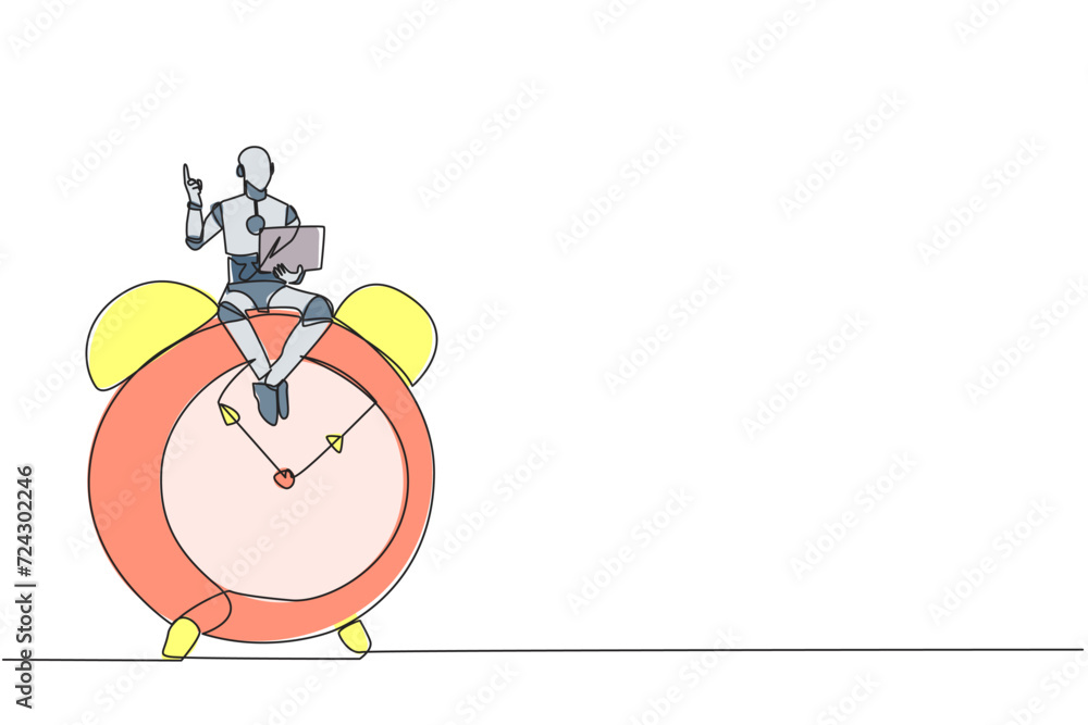 Poster single continuous line drawing robotic artificial intelligence sitting on giant alarm clock holding 