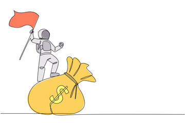 Single continuous line drawing young energetic astronaut standing on giant money bag holding fluttering flag. Wealthy successful astronaut. Cosmonaut outer space. One line design vector illustration