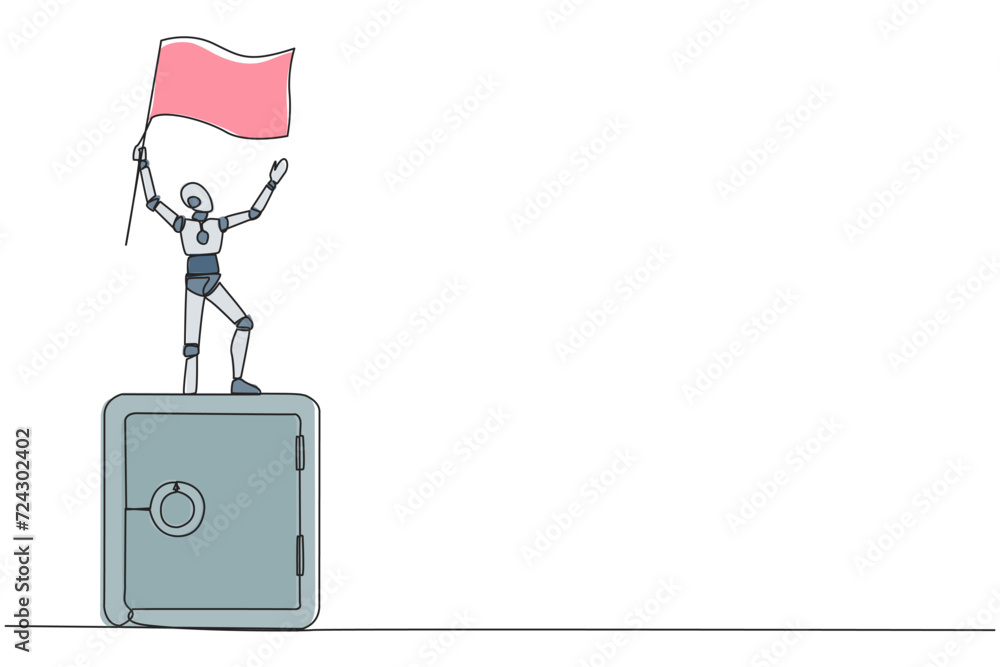 Poster single continuous line drawing of robotic artificial intelligence standing on giant safe deposit box