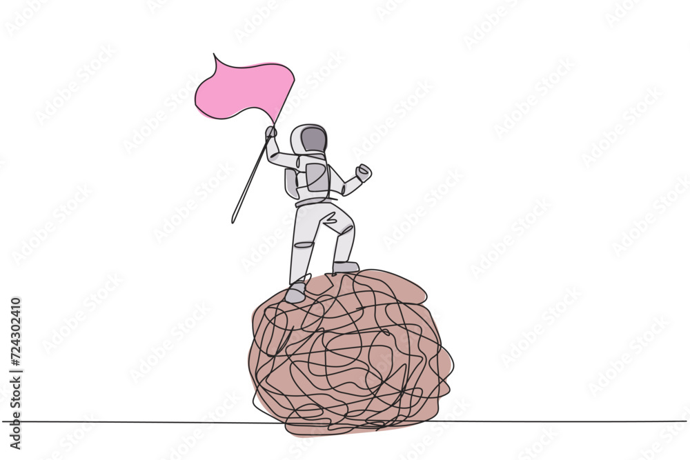 Poster continuous one line drawing young energetic astronaut standing on giant tangled circle holding flutt