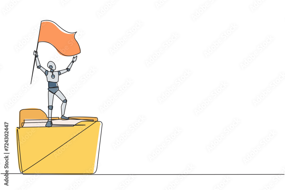 Poster single continuous line drawing of robots standing on big folder icon holding flag. arranged business