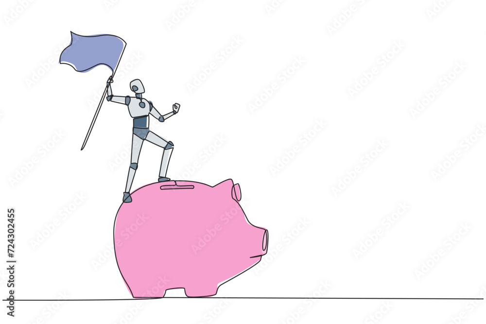 Aufkleber single continuous line drawing of robotics artificial intelligence standing on giant piggy bank hold