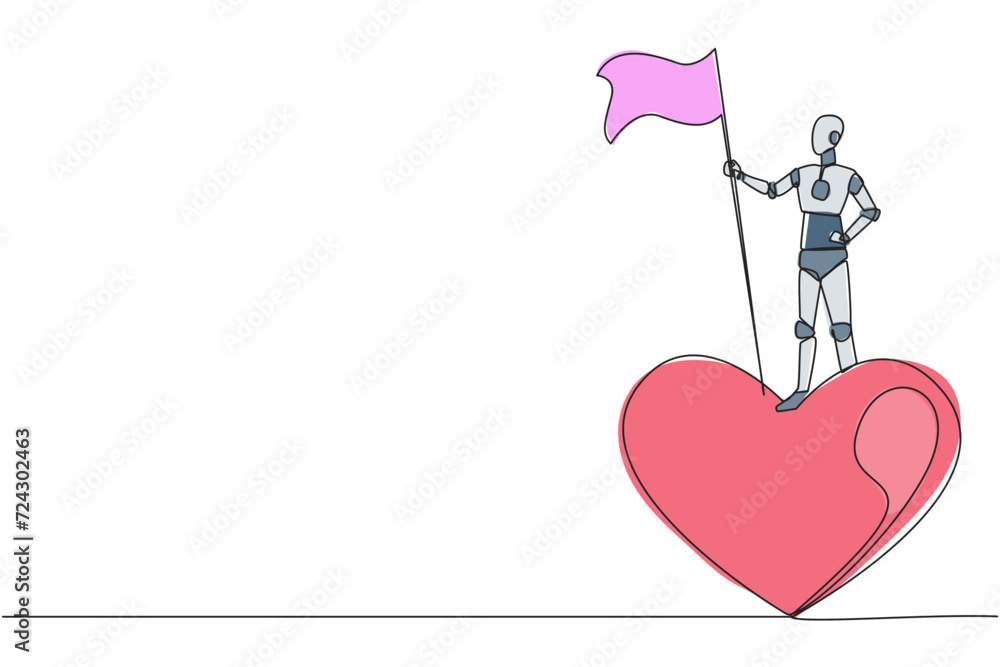 Poster single one line drawing of robot standing on giant symbol heart holding flag of victory. robot like 