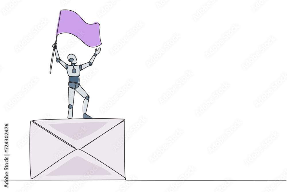 Aufkleber single one line drawing of robotic artificial intelligence standing on giant email icon holding flut