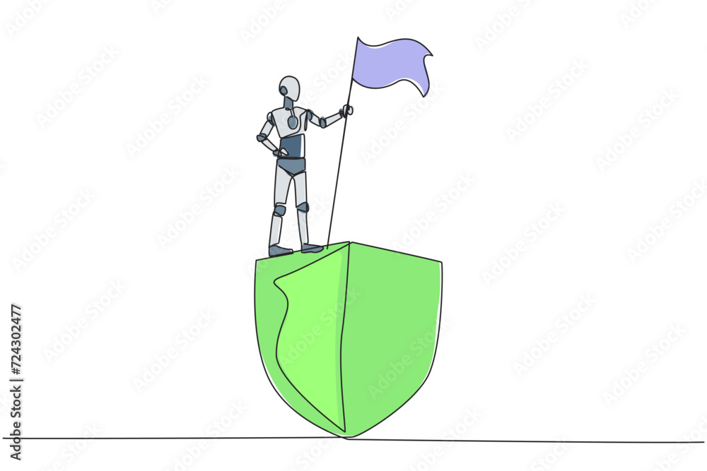 Poster continuous one line drawing of robotics standing on giant shield holding fluttering flag. celebratio