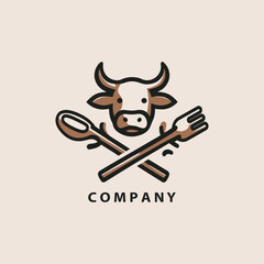 cow with spoon and fork simple design restaurant modern simple new Cow Culinary Logo Steakhouse Emblem with Cow Fork and Spoon Cow Design