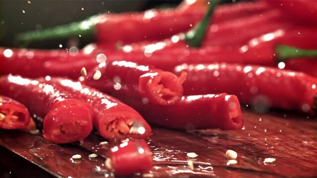 The knife cuts the chili pepper with a splash of water. Filmed on a high-speed camera at 1000 fps. High quality FullHD footage