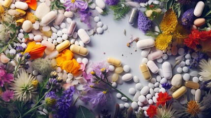 Fototapeta na wymiar An overhead view of colorful flowers and various pills forming a circle, suggesting a blend of herbal and medical treatments.
