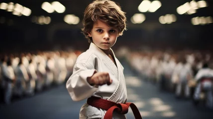 Foto op Plexiglas A young boy in a white karate uniform confidently performs a martial arts pose in a dojo full of students. © red_orange_stock