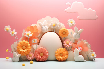 Fototapeta na wymiar funny Easter bunny with eggs 3d art Happy Easter Day, Easter Eggs 3D Illustration, Easter Bunny Banner Easter happy background egg banner card holiday spring pattern rabbit Generative Ai