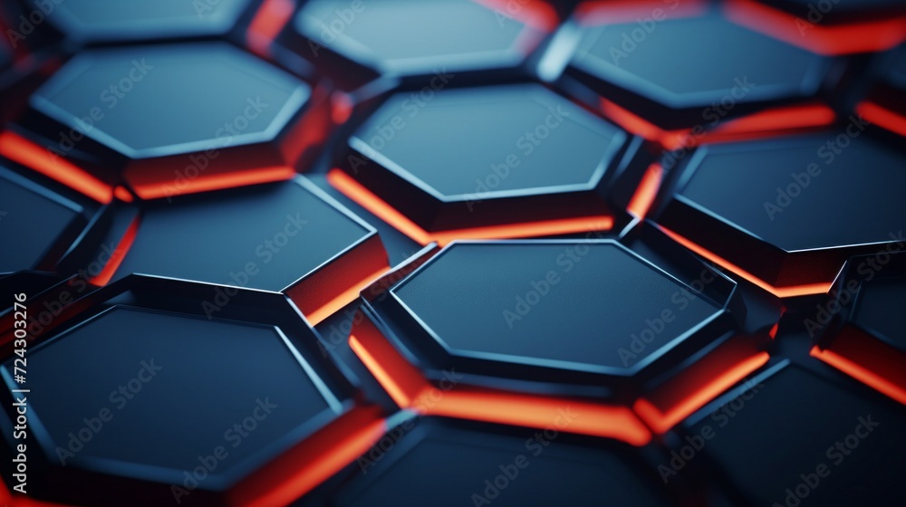 Poster abstract red and black hexagonal pattern with a high-tech, digital futuristic feel.