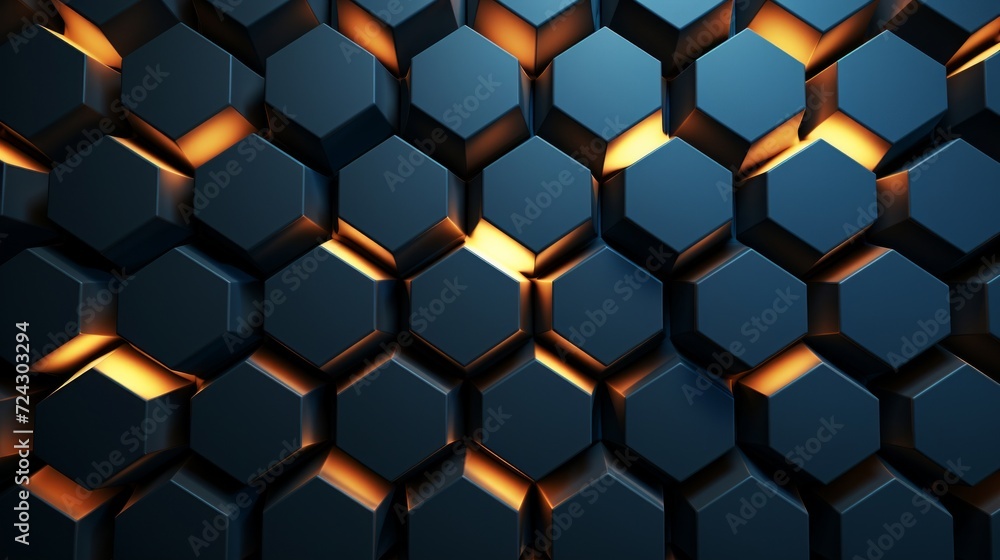 Poster dark hexagonal shapes with glowing blue edges creating a mysterious, high-tech background.