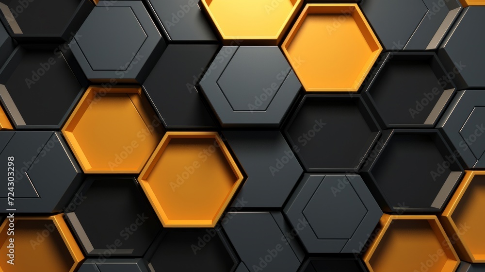 Poster geometric pattern featuring hexagons in contrasting orange and black colors with a 3d effect.