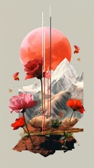 Surreal artwork featuring a floating island with poppy flowers and a red moon, invoking a dreamlike fantasy scene.