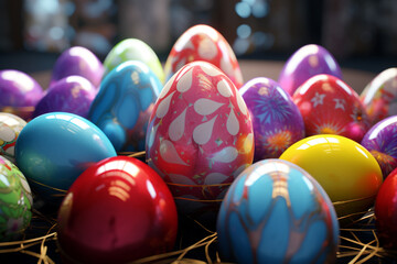 funny Easter bunny with eggs 3d art Happy Easter Day, Easter Eggs 3D Illustration, Easter Bunny Banner Easter happy background egg banner card holiday spring pattern rabbit Generative Ai