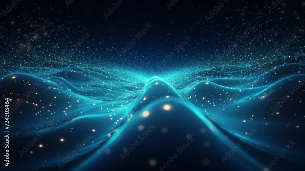 Poster digital illustration of dynamic blue particle waves with glittering effect on a black background.