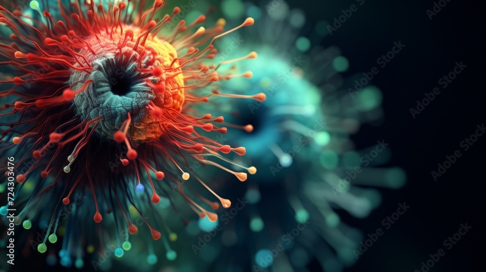 Poster artistic interpretation of a virus particle with vibrant colors and dynamic filamentous structures.