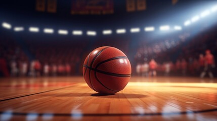 A basketball poised at center court, illuminated by dramatic spotlights in an atmospheric sports arena. - obrazy, fototapety, plakaty
