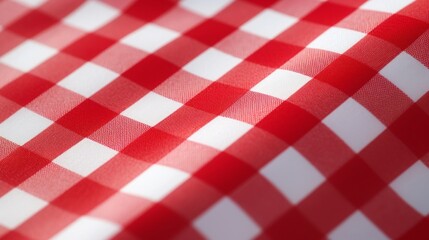 Detailed texture of a red and white checkered tablecloth, picnic pattern.