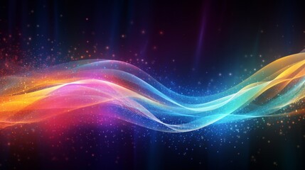 Glowing abstract waves of colorful light with particles on a cosmic dark background, artistic concept.