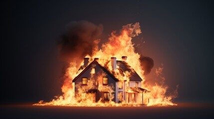 Naklejka na ściany i meble Dramatic image of a house fully engulfed in fierce flames against a dark background.