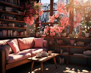 Cozy living room interior with pink sofa, coffee table, books and flowers. 3d render