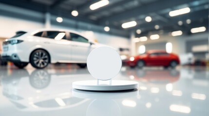 An empty white circular display stand in a car showroom setting, suggesting a spotlight for a new vehicle reveal.
