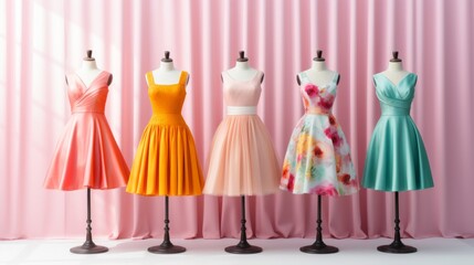 A vibrant display of elegant dresses on mannequins, each showcasing a unique style and color, with pink curtains in the background.