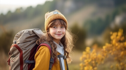 Portraite of a cute girl in a cap and with a backpack is resting in nature. Children's camp concept, space for text. Generative AI