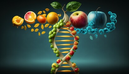 GMO food and Genetically modified crops or engineered agriculture concepts fruit and vegetables as a DNA strand - obrazy, fototapety, plakaty