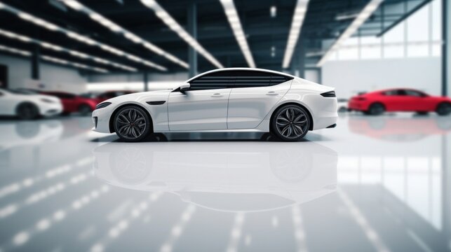 A modern white sports car positioned dominantly in a showroom, surrounded by an array of luxury vehicles.