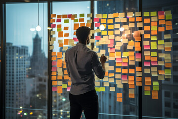 Young Entrepreneur Brainstorming with Sticky Notes on a Glass Wall