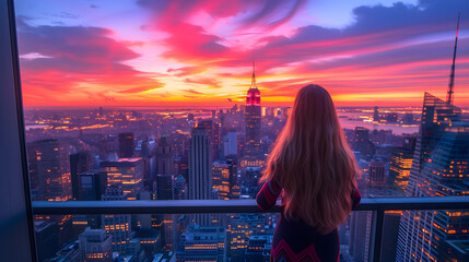 Fototapeta na wymiar Rich woman enjoying the sunset on the balcony of luxury apartments in New York City.