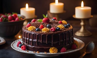 Luxurious and Indulgent Chocolate Cake Exquisitely Adorned, Expertly Captured in Food Photography Studio